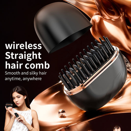 Black cordless mini hair straightening comb with the lid removed