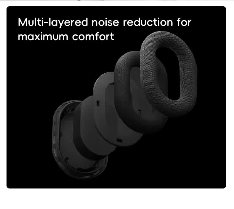 Black earbud with text 'Multi-layered noise reduction for maximum comfort' on a black background