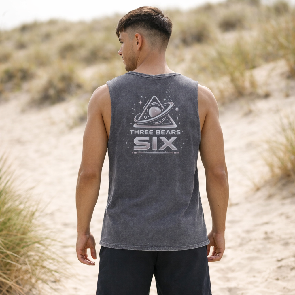 Ash Stone stonewash tank top, back view with Three Bears Six space logo