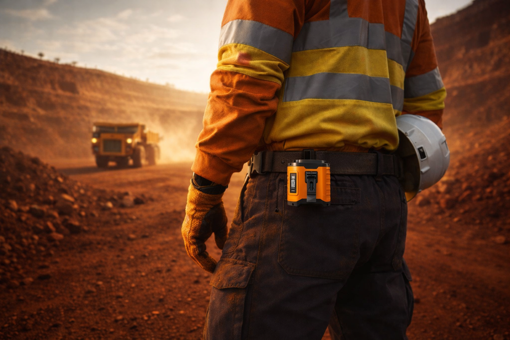 Worker wearing the clip-on waist fan on a work belt outdoors