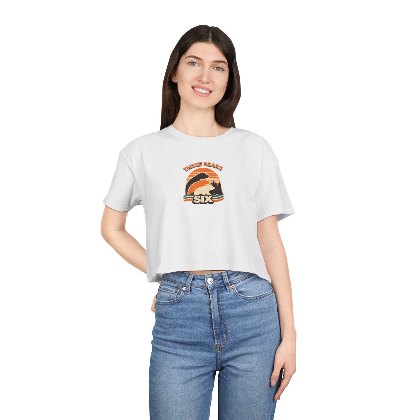 Crop Tee — 'Three Bears Six' Retro Sunset Graphic