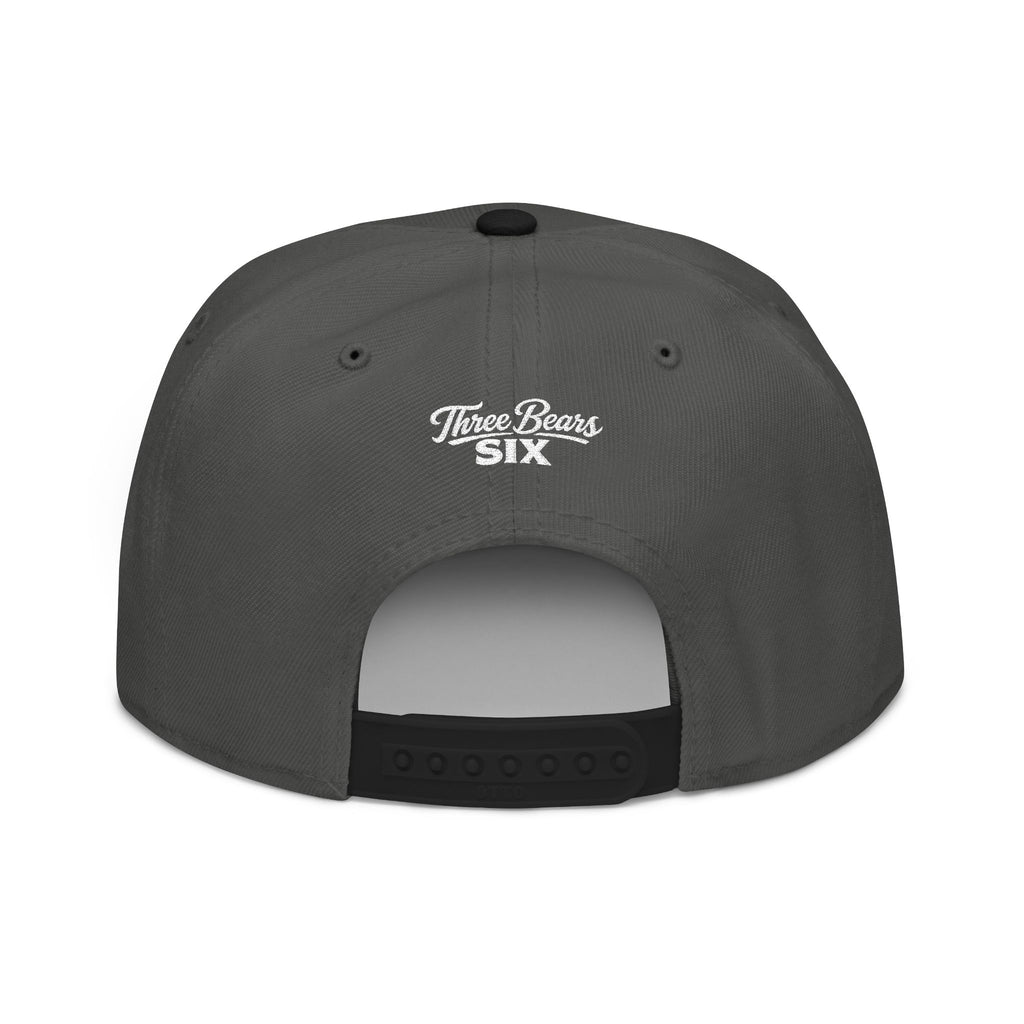 Black/Charcoal gray/Charcoal gray Flame Crest Snapback Cap, back view with snap closure
