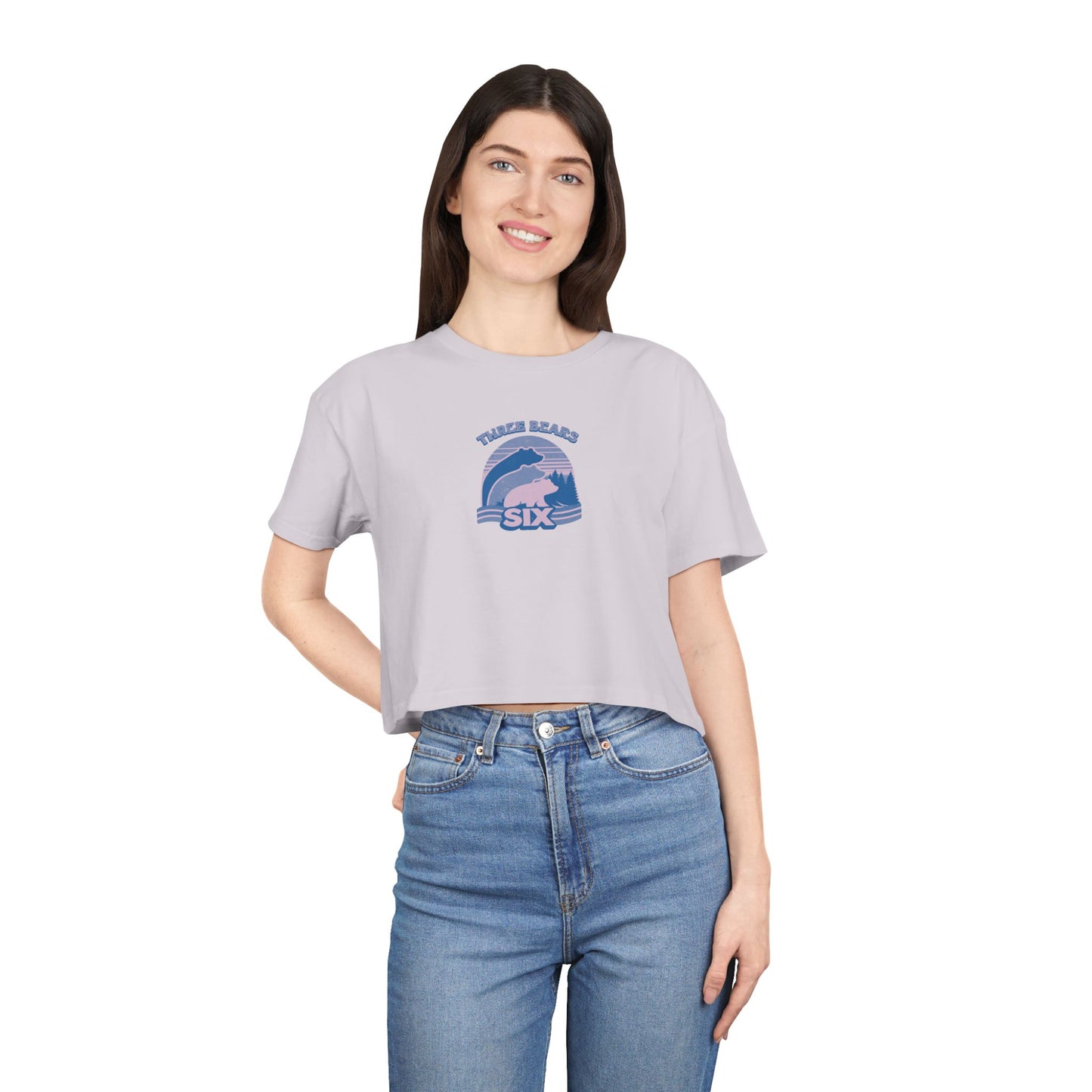 Crop Tee — 'Three Bears Six' Retro Sunset Graphic