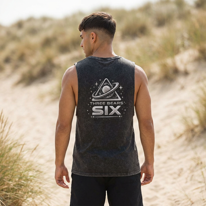 Stonewash Tank Top — 'Three Bears Six' Retro Space Logo