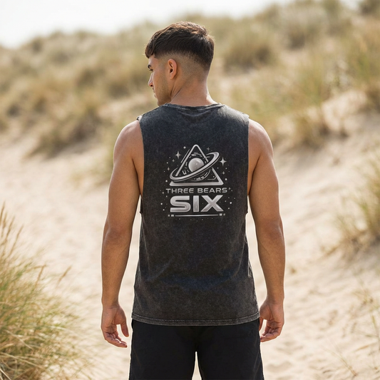 Black Stone stonewash tank top, back view with Three Bears Six space logo