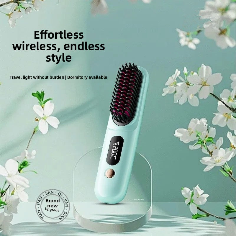 Hair styling tool with digital display on a light blue background with white flowers