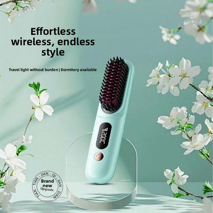 Hair styling tool with digital display on a light blue background with white flowers