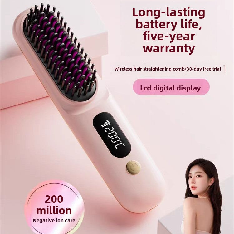 Wireless hair straightening comb with digital display on a pink background