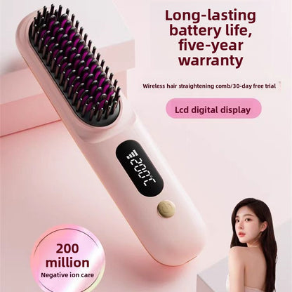 Wireless hair straightening comb with digital display on a pink background