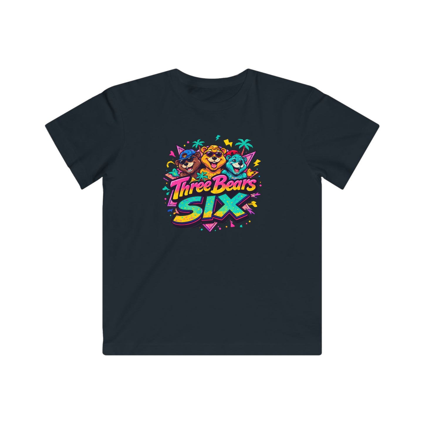 Three Bears Six Kids Graphic Tee — Colorful Cartoon Bear Birthday Shirt