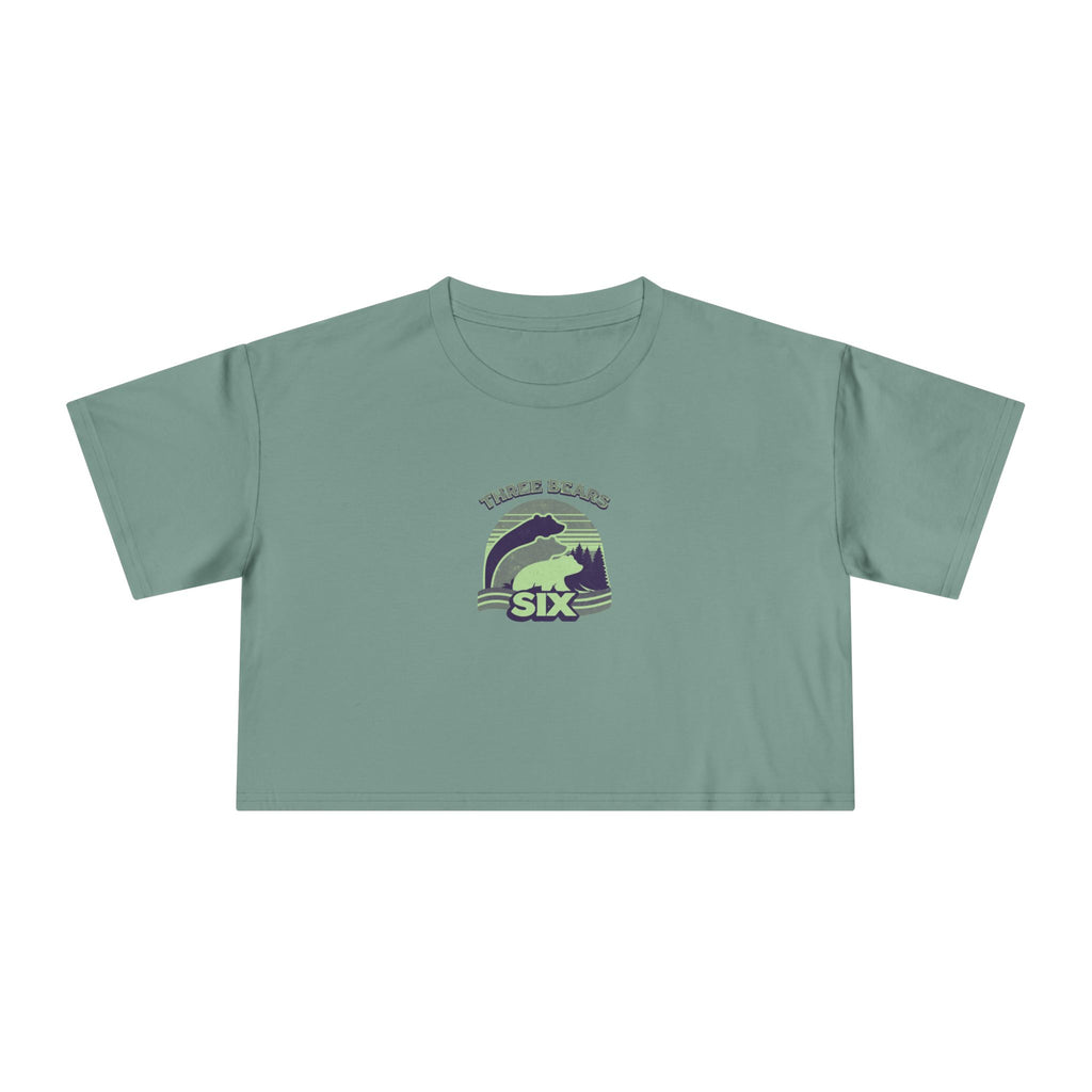 Sage Retro Sunset Crop Tee, front flat lay