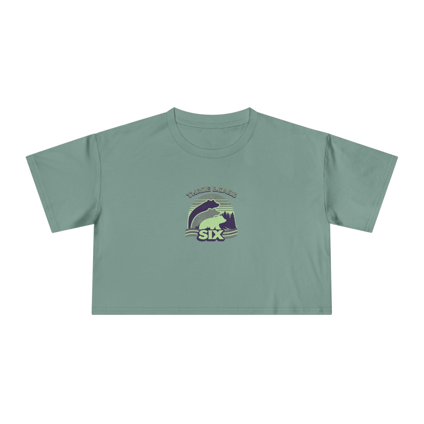 Crop Tee — 'Three Bears Six' Retro Sunset Graphic