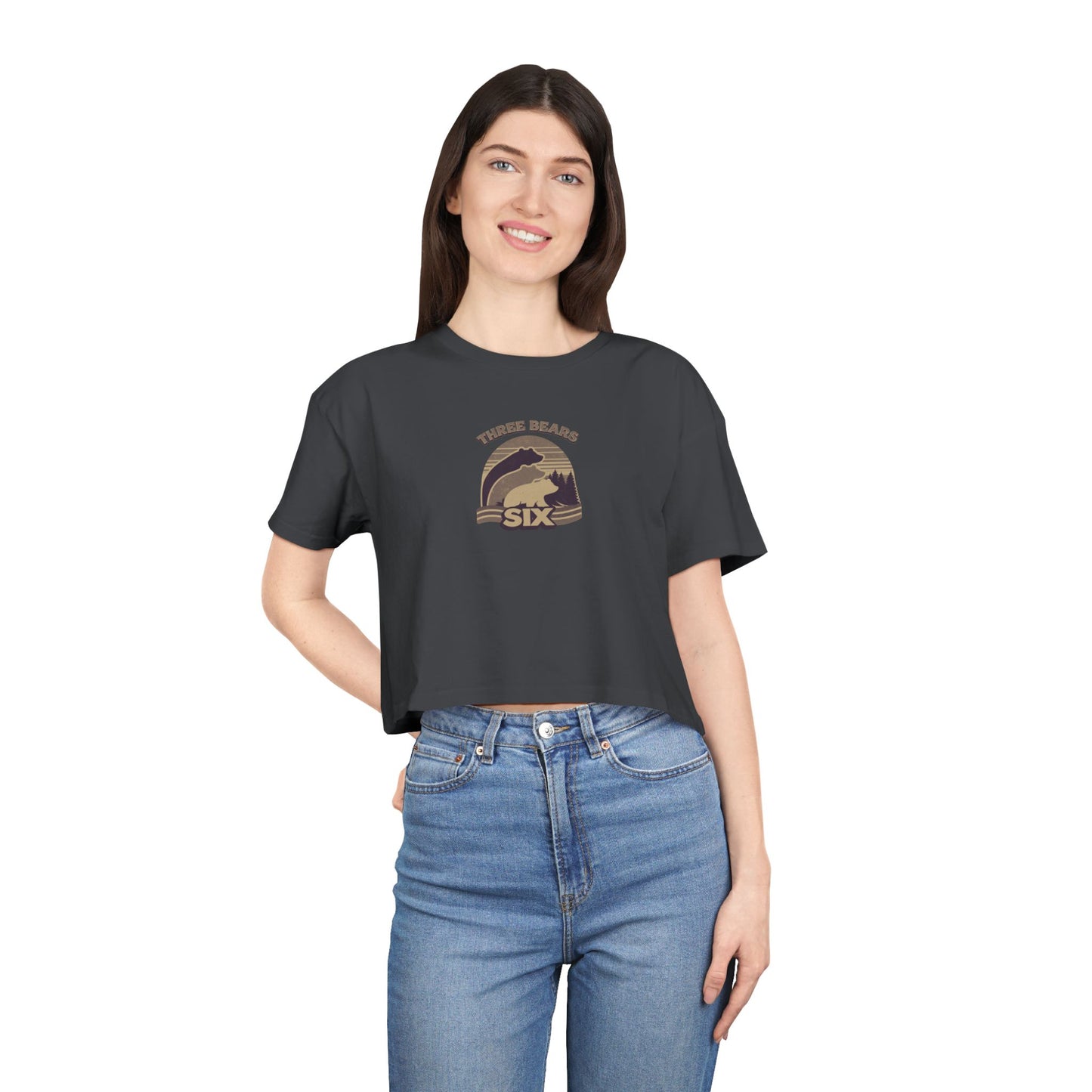 Crop Tee — 'Three Bears Six' Retro Sunset Graphic