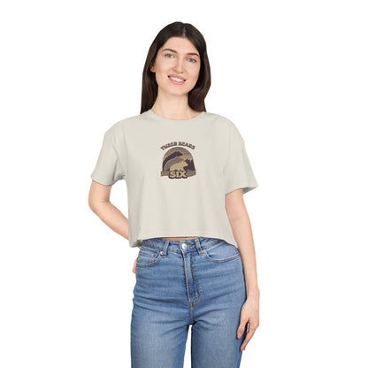 Crop Tee — 'Three Bears Six' Retro Sunset Graphic
