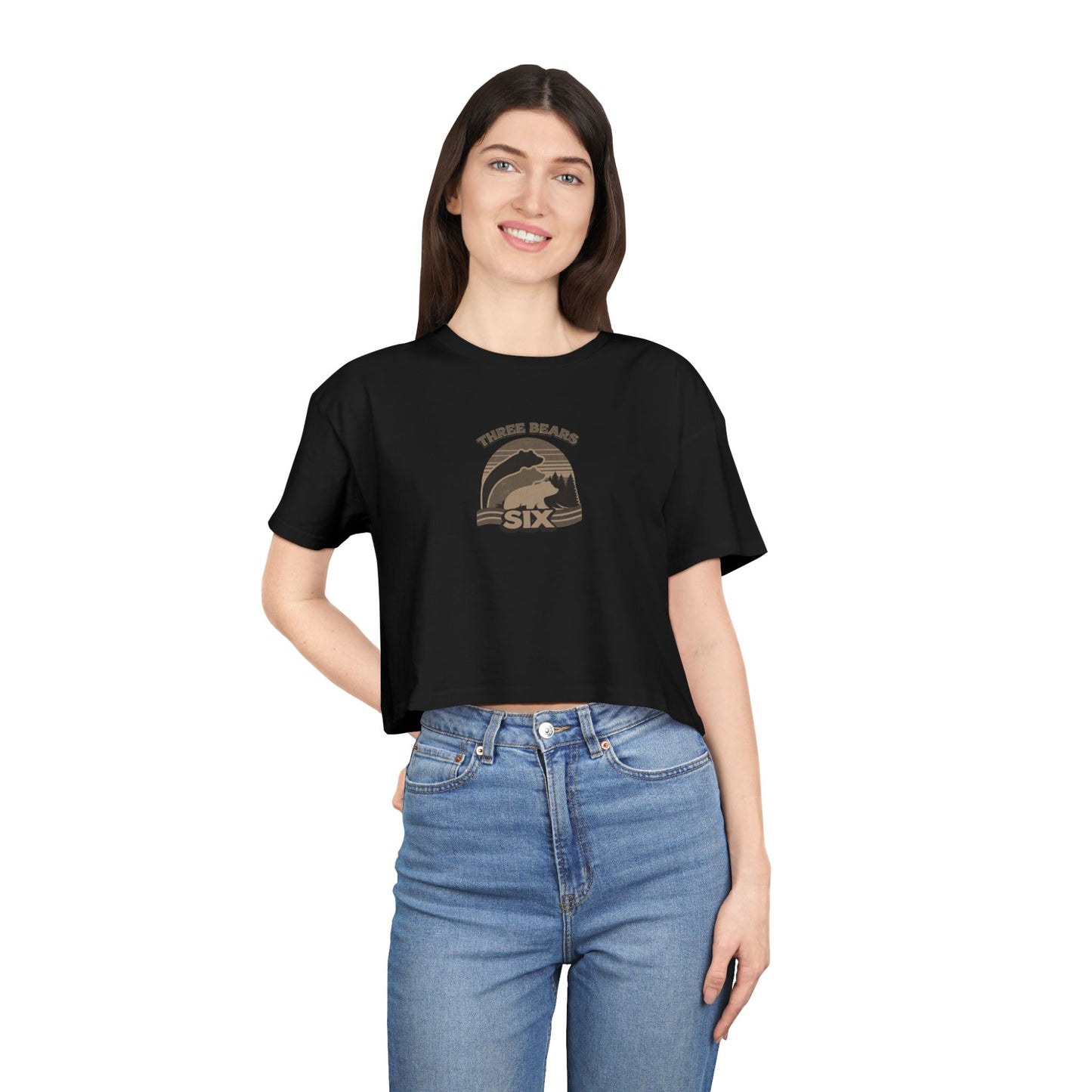 Crop Tee — 'Three Bears Six' Retro Sunset Graphic
