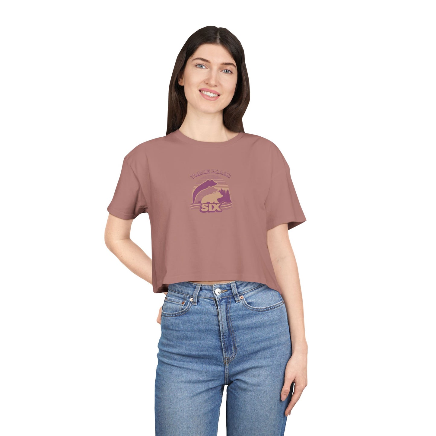 Crop Tee — 'Three Bears Six' Retro Sunset Graphic