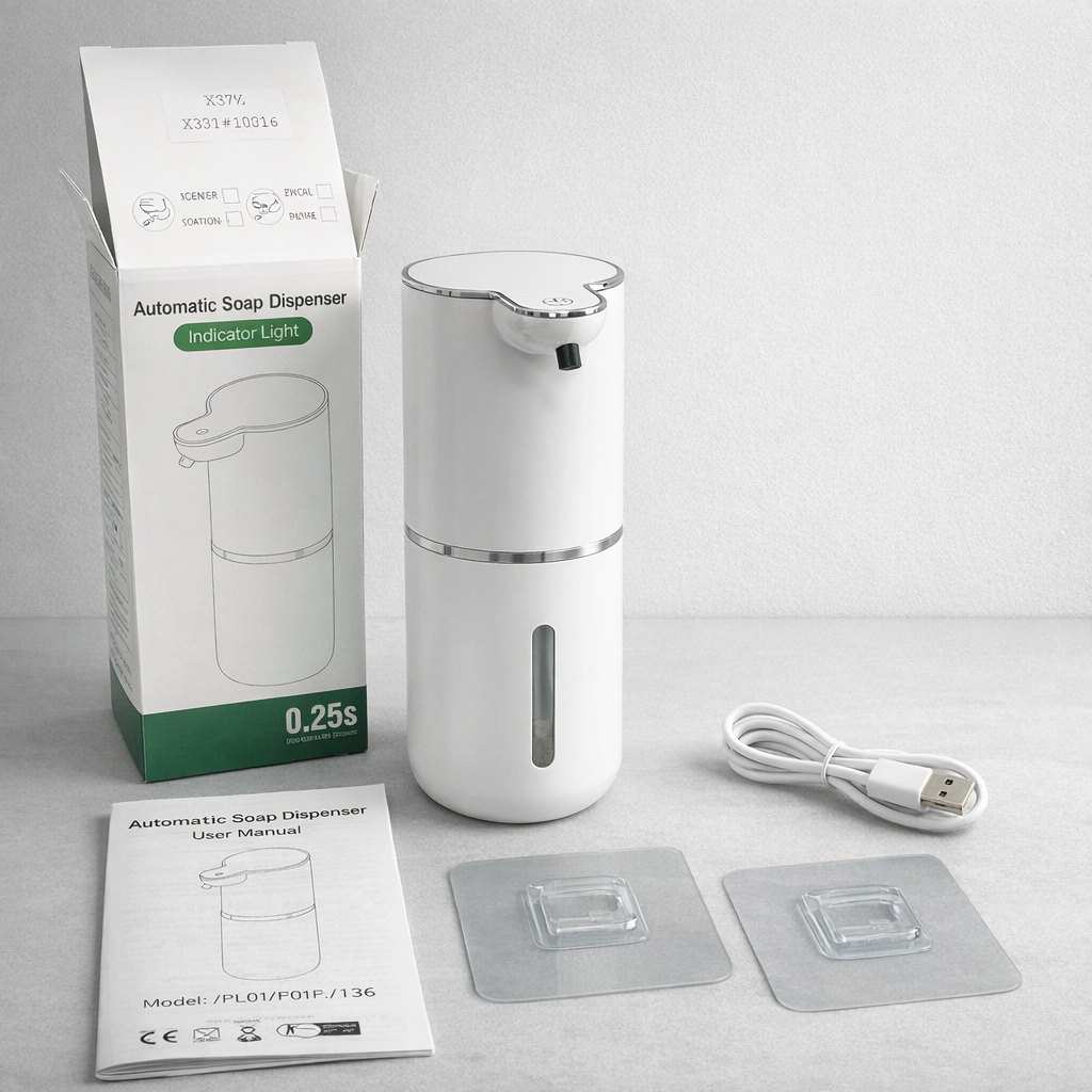 White automatic soap dispenser with packaging, USB cable, and user manual on a gray surface.
