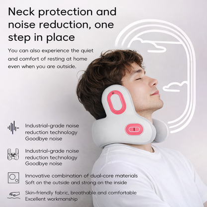 Person wearing a neck protection device with text highlighting features on a light gray background