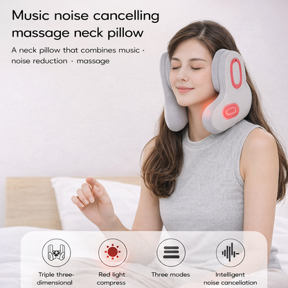 Woman using a music noise-cancelling massage neck pillow with product features displayed.