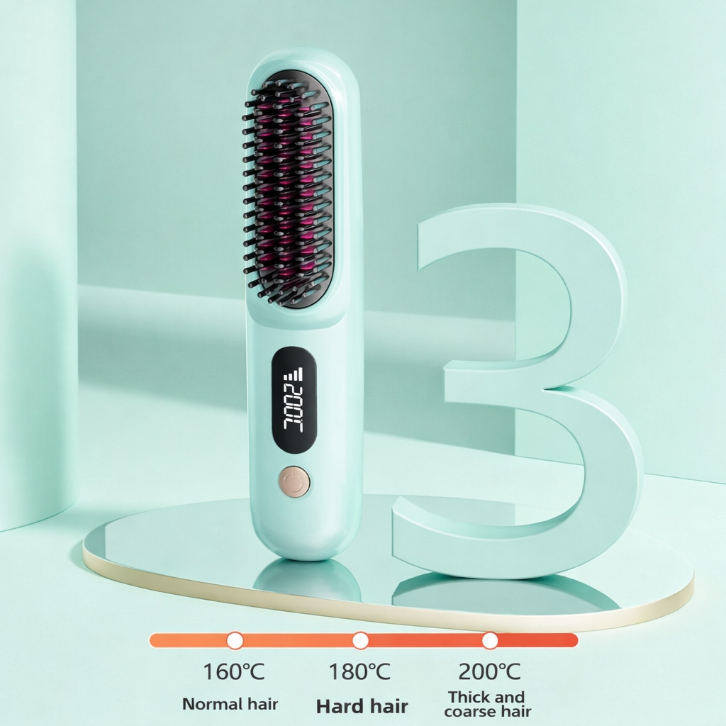 Hair styling tool with digital display and temperature settings on a light green background
