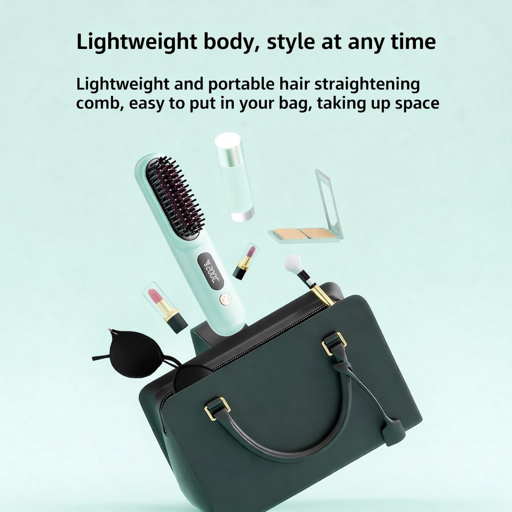 Compact cordless styling comb packed in a handbag with makeup