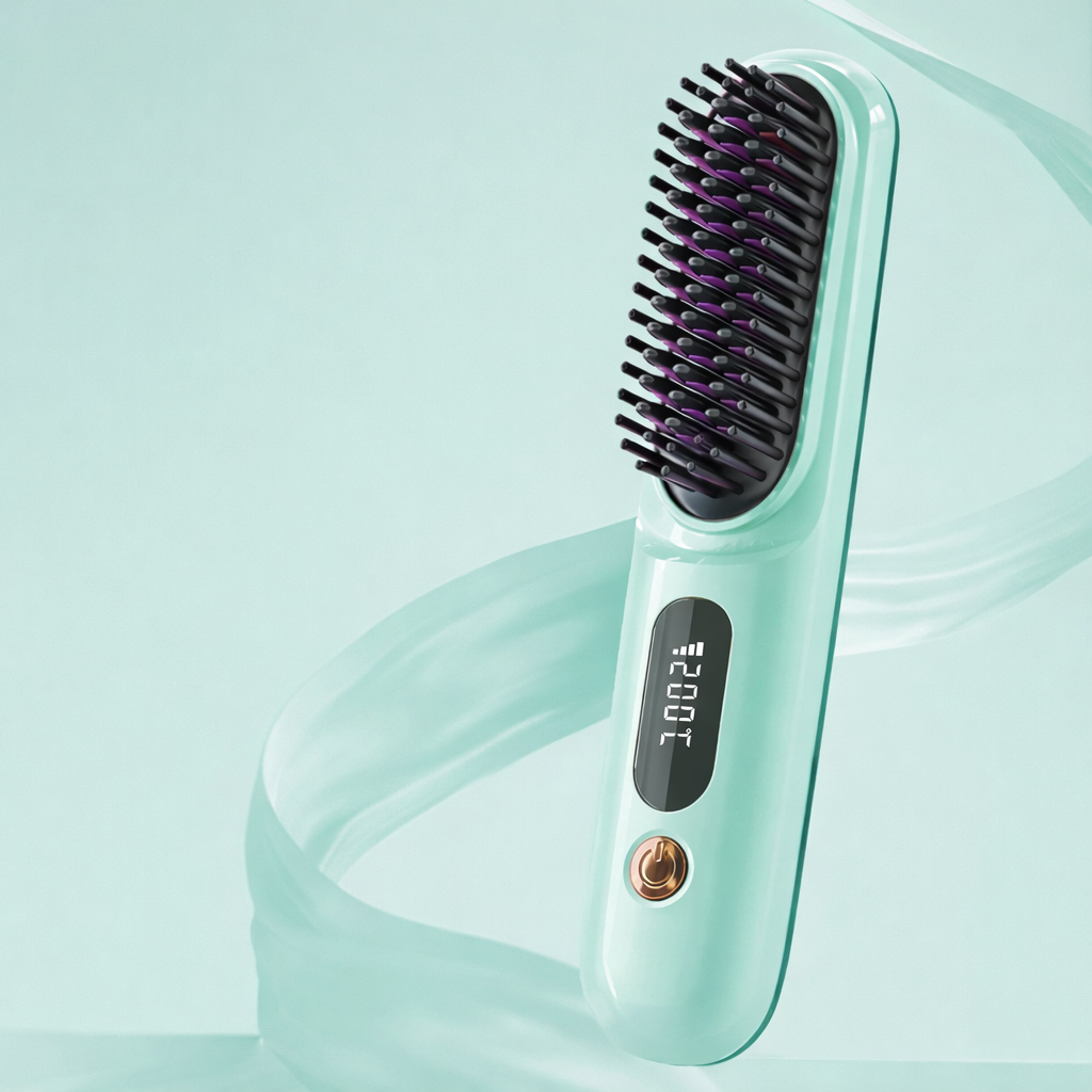 Green hair straightening brush with digital display on a light blue background