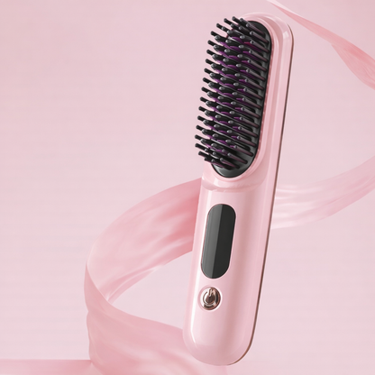 Pink hairbrush with black bristles on a pink background