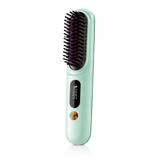 Mint green hair straightening brush with digital display on a white background