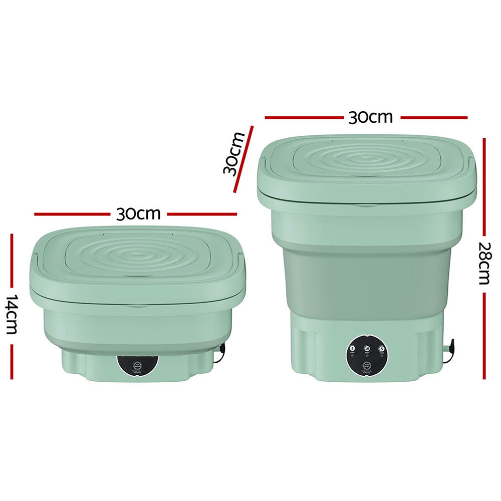 Devanti portable washing machine folded to 14 cm and expanded to 28 cm, with dimensions
