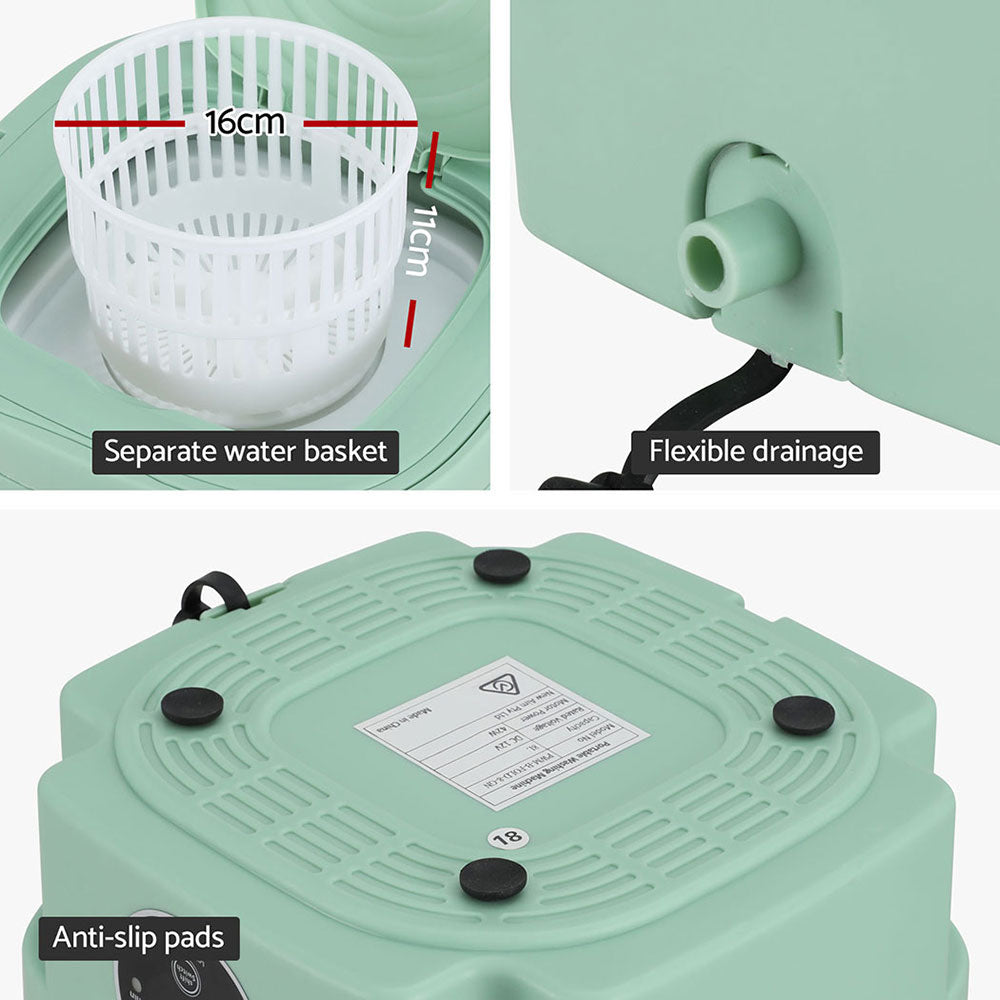 Close-ups of the Devanti washer's spin basket, drain hose and anti-slip feet