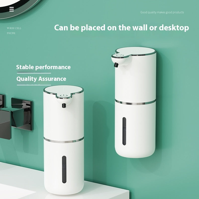 White wall-mounted and freestanding soap dispensers on a teal background with text about stability and quality assurance.