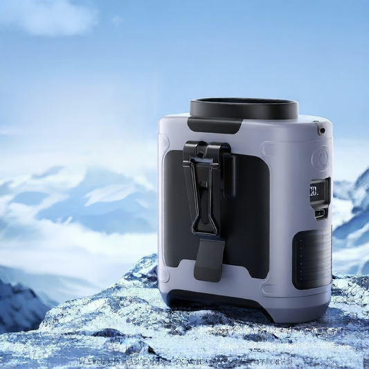 Rechargeable Clip-On Waist Fan, 5-Speed Gray 10000mAh, on a snowy rock