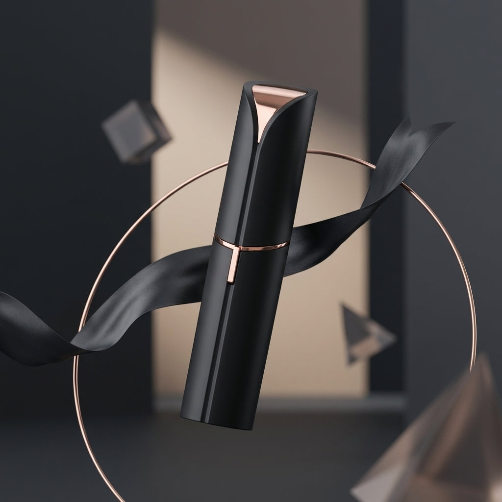 Black and rose gold lipstick with black ribbons on a dark background