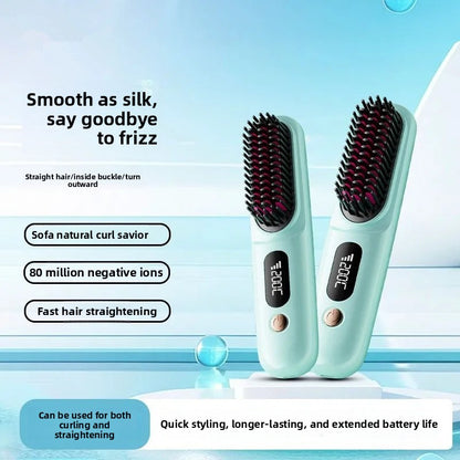 Two hair straightening brushes with digital displays on a blue gradient background, featuring text about their features.
