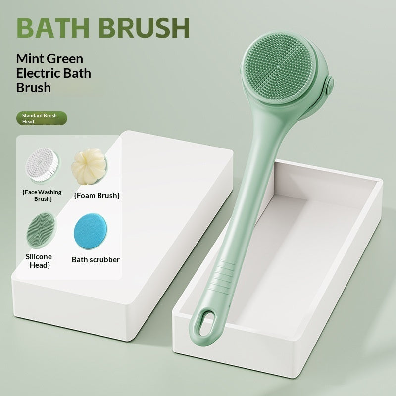 Electric bath brush with four interchangeable heads: face brush, foam brush, silicone head and scrubber