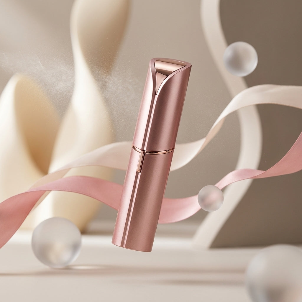 Rose gold lipstick with decorative ribbons and pearls on a soft background