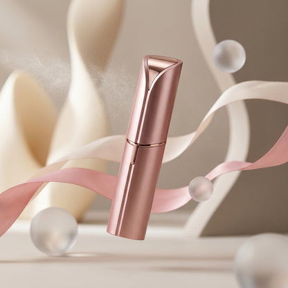 Rose gold lipstick with decorative ribbons and pearls on a soft background