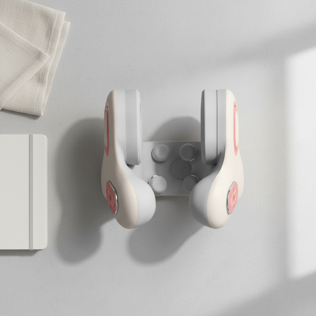 White handheld massager on a light gray surface with a white towel and notebook in the background.