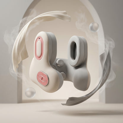 White and pink wireless earbuds with a soft focus background
