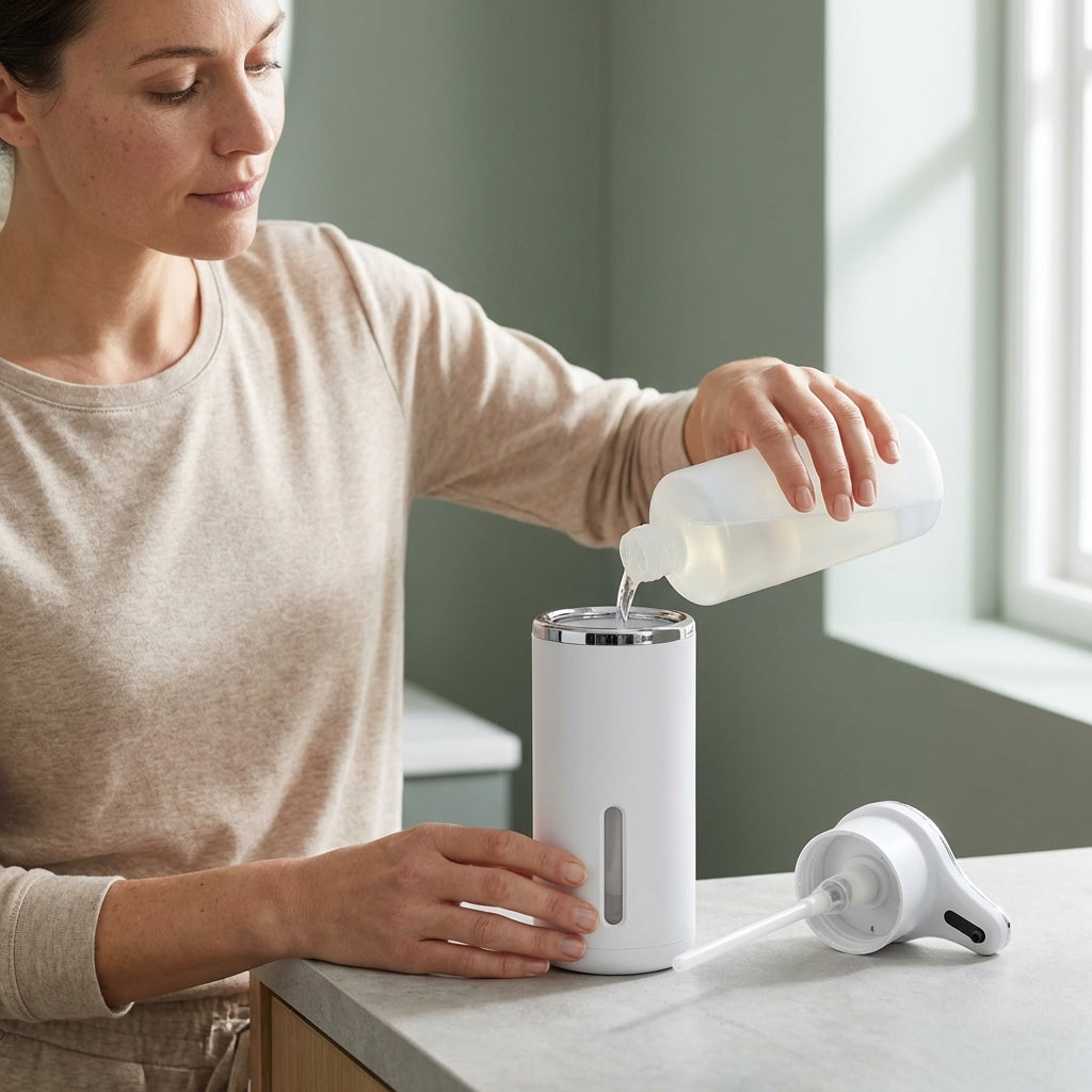 Woman pouring liquid into a white humidifier on a light-colored surface.