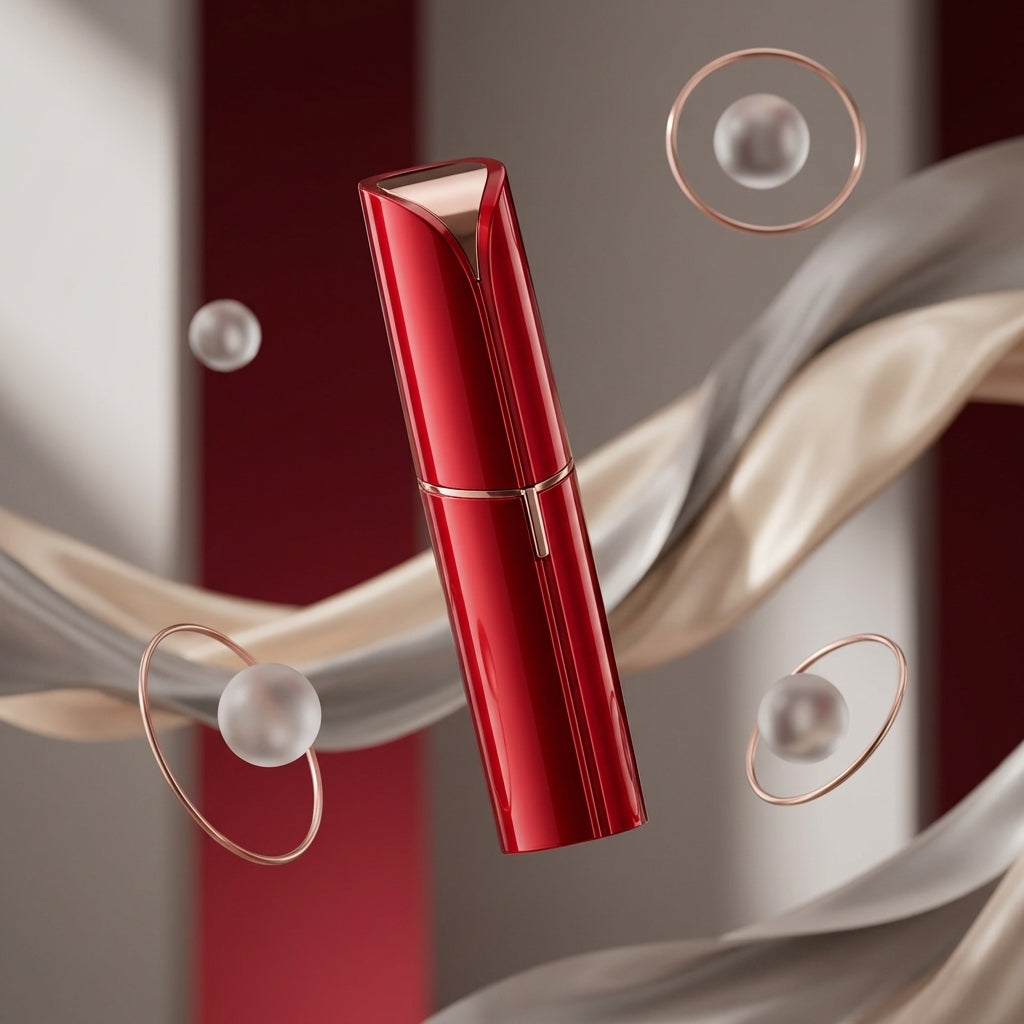Red lipstick with pearl accents on a soft fabric background