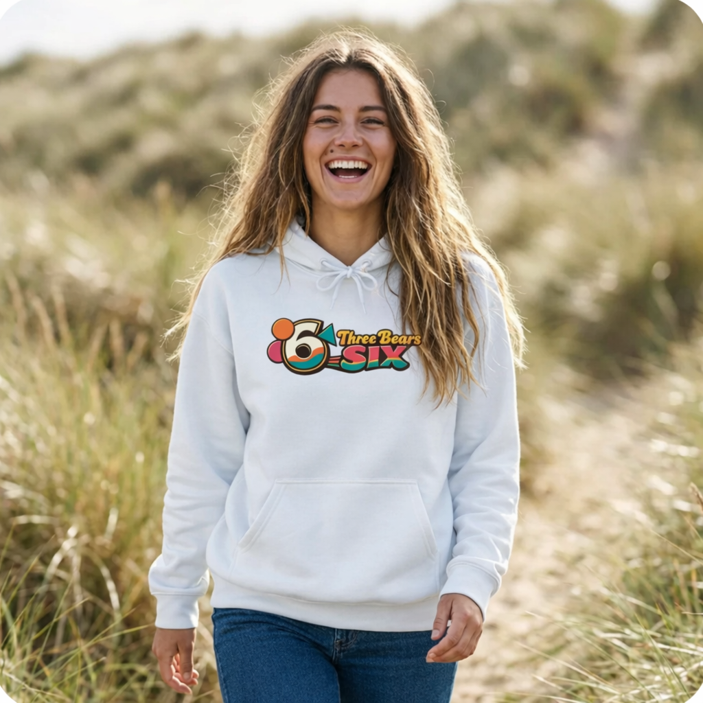 White Retro Logo Hoodie, front view on model