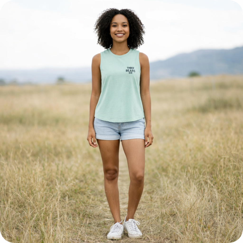 Three Bears SIX Minimal Logo Cropped Tank — Heather Dusty Blue colour, product photo