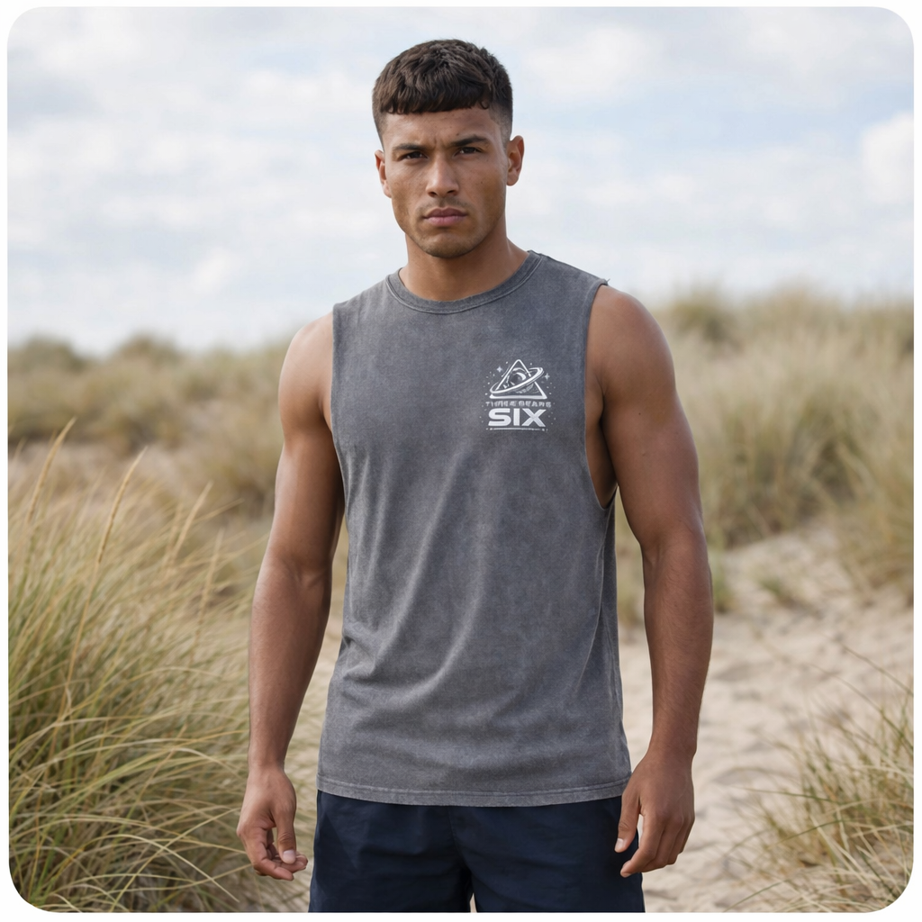 Ash Stone stonewash tank top, front view on model