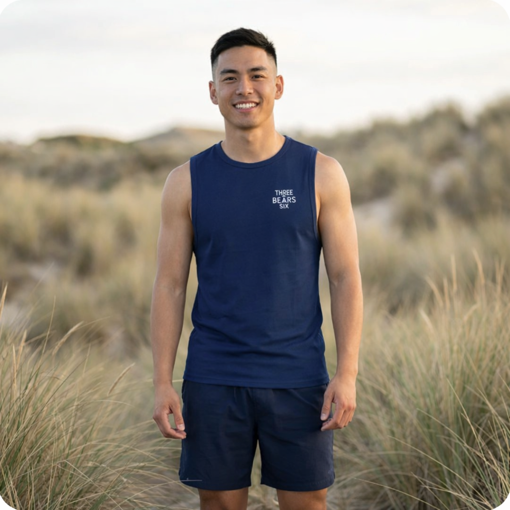Navy Minimal Logo Tank Top, on model