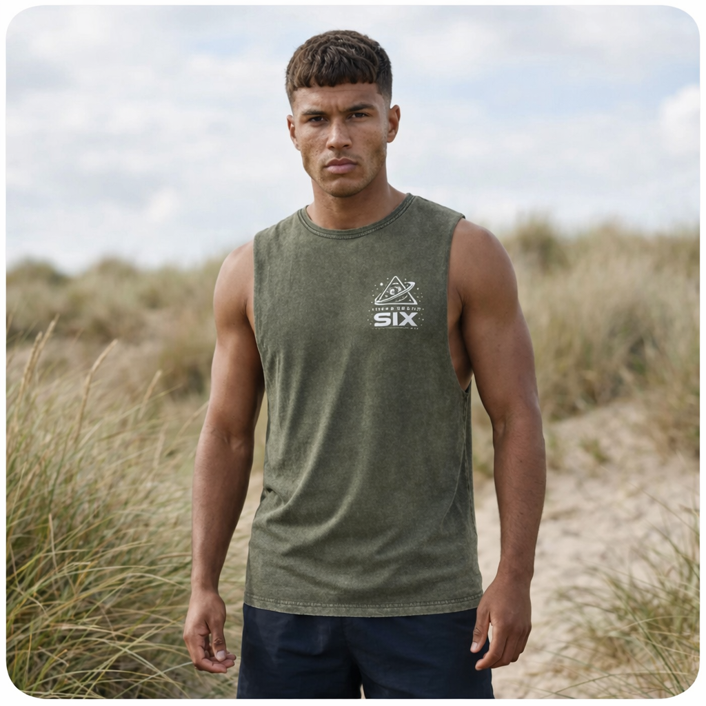 Moss Stone stonewash tank top, front view on model