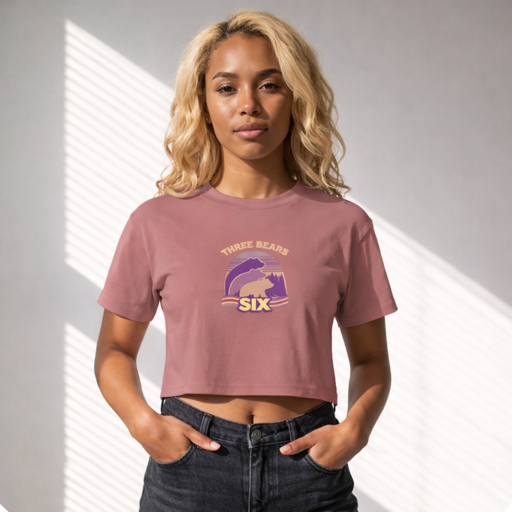 Three Bears SIX Retro Sunset Crop Tee — Hazy Pink colour, product photo