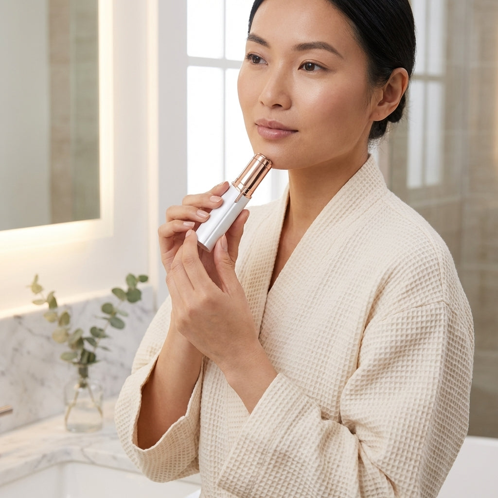 Woman in a robe holding a skincare product in a bathroom setting